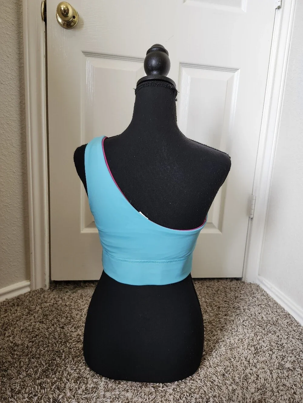 Fabletics One-Shoulder Aqua Sports Bra with Pink Trim